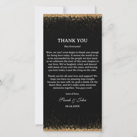Zwart en Goud Glitter Trouwtafel Bedankkaart (Voorkant)