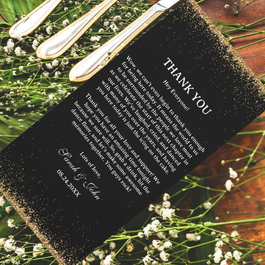 Zwart en Goud Glitter Trouwtafel Bedankkaart