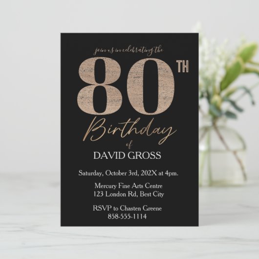 Zwart en goud glitter werveling 80ste verjaardag kaart (Staand voorkant)