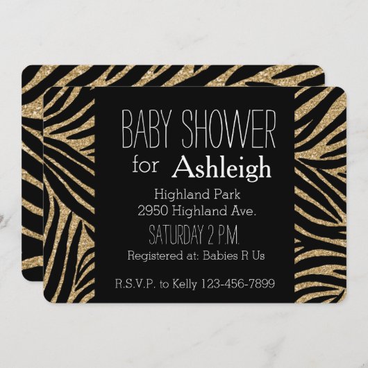 Zwart en Goud Glitter Zebra Print baby shower Kaart (Voorkant / Achterkant)