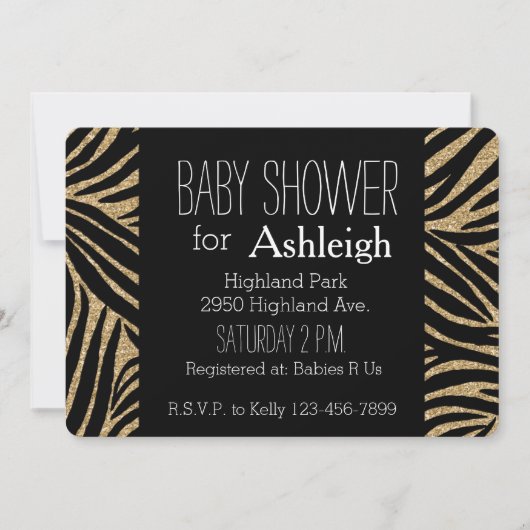Zwart en Goud Glitter Zebra Print baby shower Kaart (Voorkant)