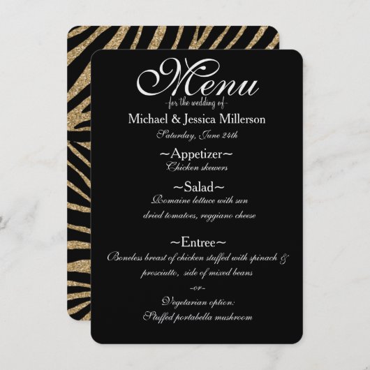 Zwart en Goud Glitter Zebra Print Bruiloft Menu (Voorkant / Achterkant)