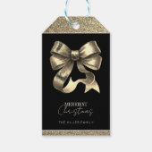 Zwart en Goud Glitterde Boog Kerstmis Cadeaulabel (Voorkant)