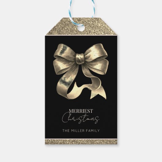 Zwart en Goud Glitterde Boog Kerstmis Cadeaulabel (Voorkant)
