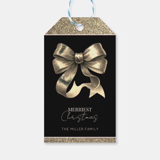 Zwart en Goud Glitterde Boog Kerstmis Cadeaulabel (Achterkant)