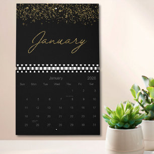 Zwart en goud glitters elegant modern script 2027 kalender
