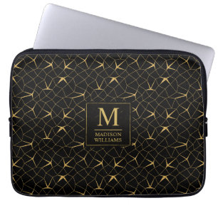 Zwart en goud glitters luxe geometrisch patroon laptop sleeve