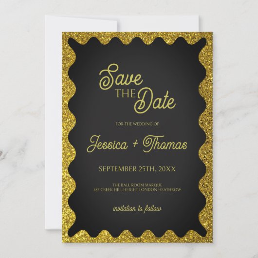 Zwart en Goud Glitters Wavy Retro Save the Date Kaart (Voorkant)