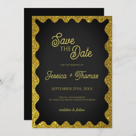 Zwart en Goud Glitters Wavy Retro Save the Date Kaart (Voorkant / Achterkant)