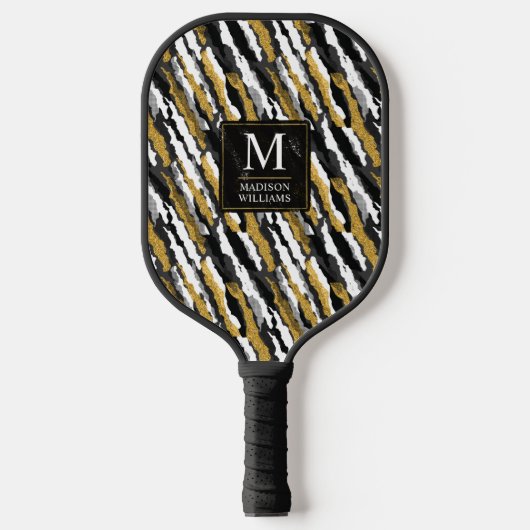 Zwart en goud glitters wit dier zebra patroon pickleball paddle (Voorkant)
