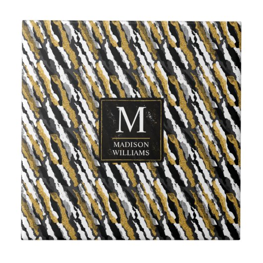 Zwart en goud glitters wit dier zebra patroon tegeltje (Voorkant)