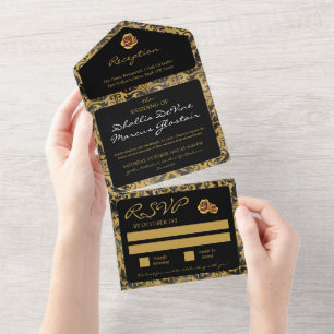 Zwart en goud goth patroon all in one uitnodiging