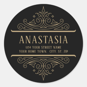 Zwart en Goud Gothic Swirls Adres Ronde Sticker
