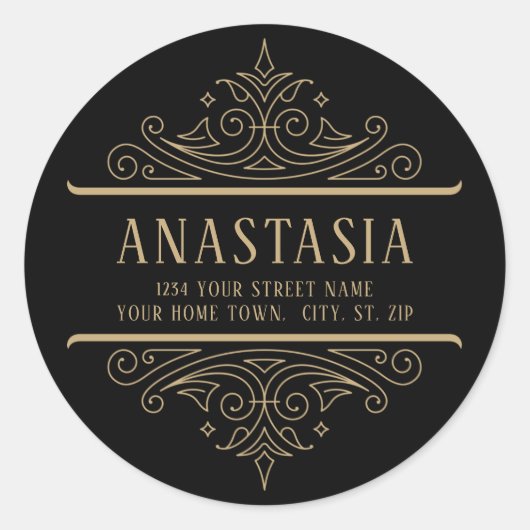 Zwart en Goud  Gothic Swirls Adres Ronde Sticker (Voorkant)