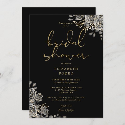 Zwart en goud Gotisch Bloemen Vrijgezellenfeest Kaart (Voorkant / Achterkant)