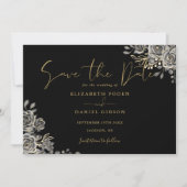 Zwart en goud gotisch bloemig fotobruiloft save the date (Voorkant)