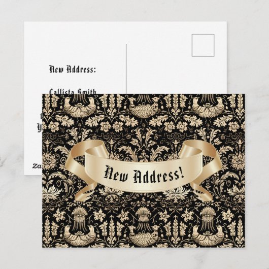 Zwart en goud Gotisch damast adreswijziging Briefkaart (Voorkant / Achterkant)