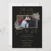 Zwart en Goud Gotische Bloemen Foto Bruiloft Save The Date (Voorkant)