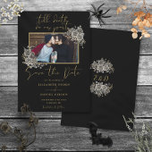 Zwart en Goud Gotische Bloemen Foto Bruiloft Save The Date