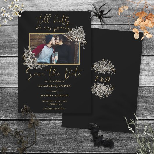 Zwart en Goud Gotische Bloemen Foto Bruiloft Save The Date