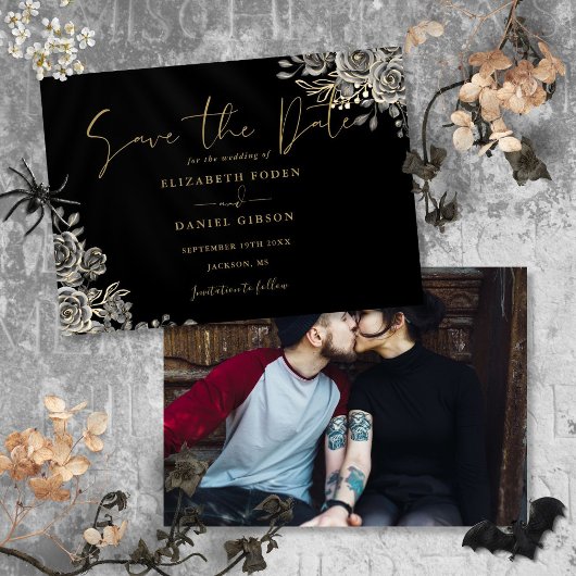 Zwart en Goud Gotische Bloemen Foto Bruiloft Save The Date