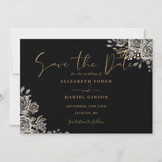 Zwart en Goud Gotische Bloemen Foto Bruiloft Save The Date (Voorkant)
