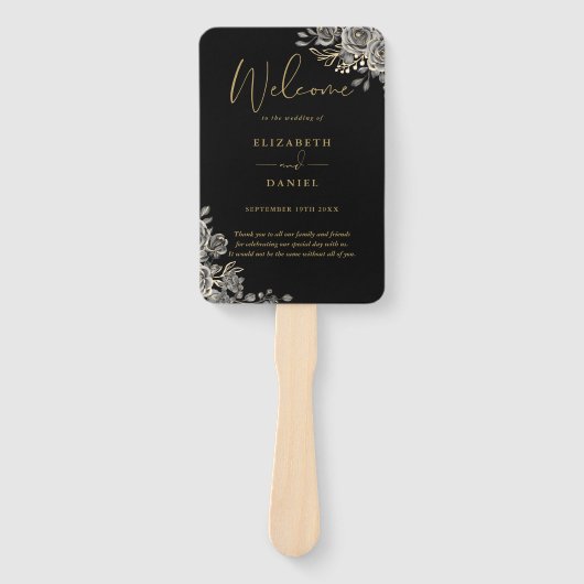 Zwart en Goud Gotische Bloemen Huwelijksprogramma Handwaaier (Voorkant)