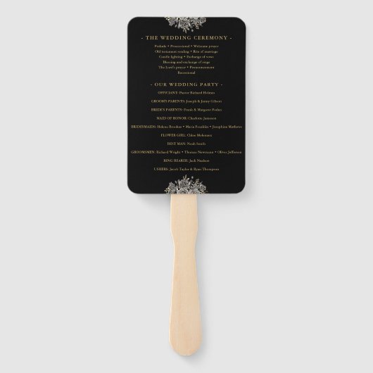 Zwart en Goud Gotische Bloemen Huwelijksprogramma Handwaaier (Achterkant)