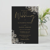 Zwart en Goud Gotische Bloemen QR Code Bruiloft Kaart (Staand voorkant)