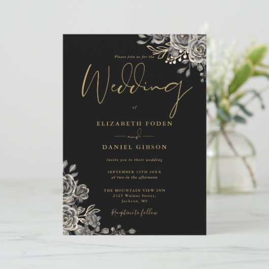 Zwart en Goud Gotische Bloemen QR Code Bruiloft Kaart (Staand voorkant)