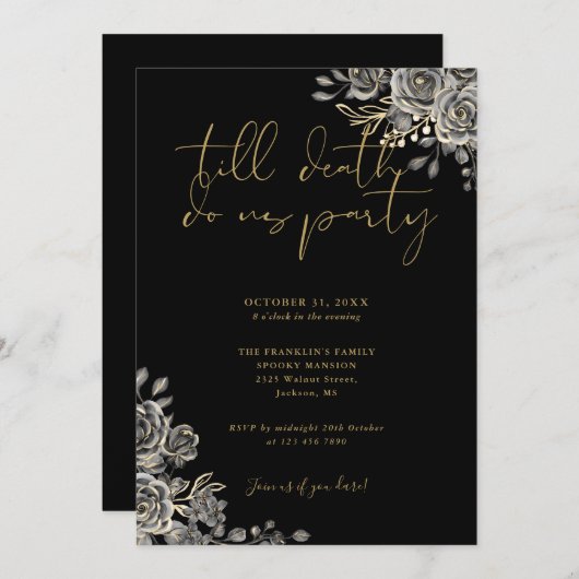 Zwart en Goud Gotische Bloemen Volwassen Halloween Kaart (Voorkant / Achterkant)