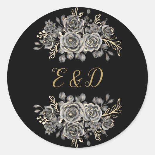 Zwart en goud gotische bloemenmonogram Rozen Ronde Sticker (Voorkant)