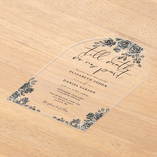 Zwart en Goud Gotische Rozen Bloemboogbruiloft Acryl Uitnodigingen (Laagn)