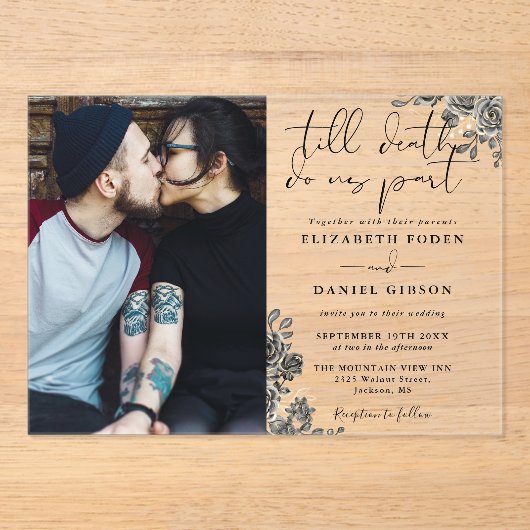 Zwart en Goud Gotische Rozen Bloemen Foto Bruiloft Acryl Uitnodigingen (Voorkant)