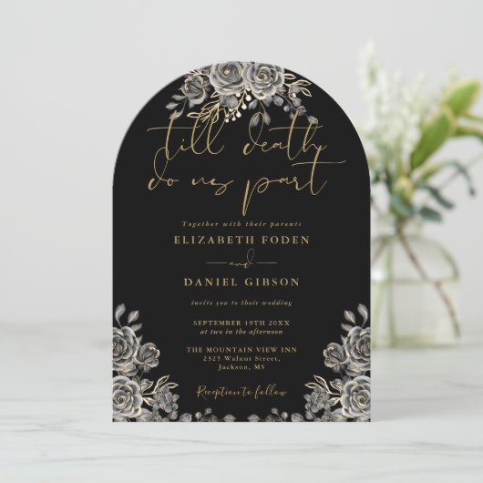Zwart en Goud Gotische Rozen Bloemen Foto Bruiloft Kaart (Staand voorkant)