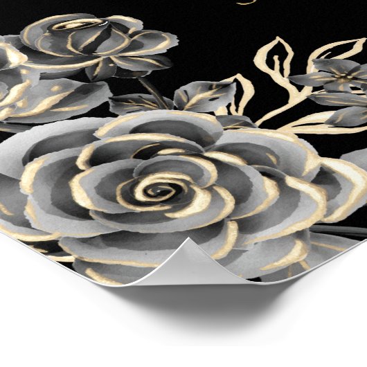 Zwart en Goud Gotische Rozen Bloemen Trouwbord Poster (Hoek)