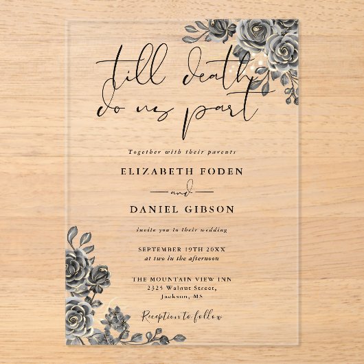 Zwart en Goud Gotische Rozen Bloemenbruiloft Acryl Uitnodigingen (Voorkant)