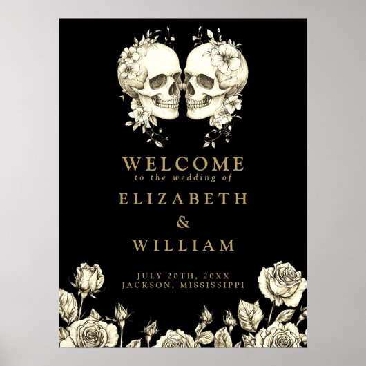 Zwart en Goud Gotische Schedels Huwelijk Welkom Te Poster (Voorkant)