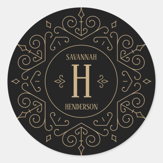 Zwart en Goud Gotische Swirls Monogram Ronde Sticker (Voorkant)