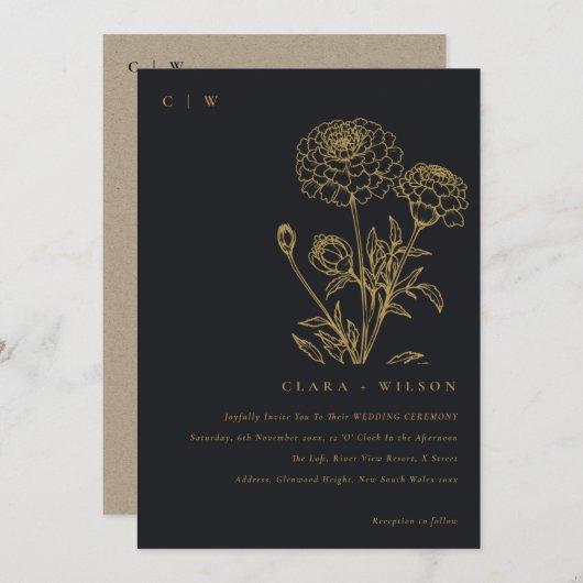 Zwart en goud goudsbloem bloemenschets bruiloft kaart (Voorkant / Achterkant)