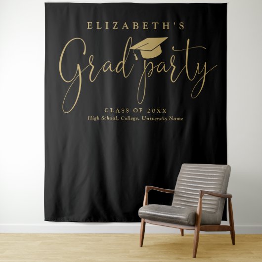 Zwart en Goud Graduation Party Foto achtergrond Wandkleed (In situ)