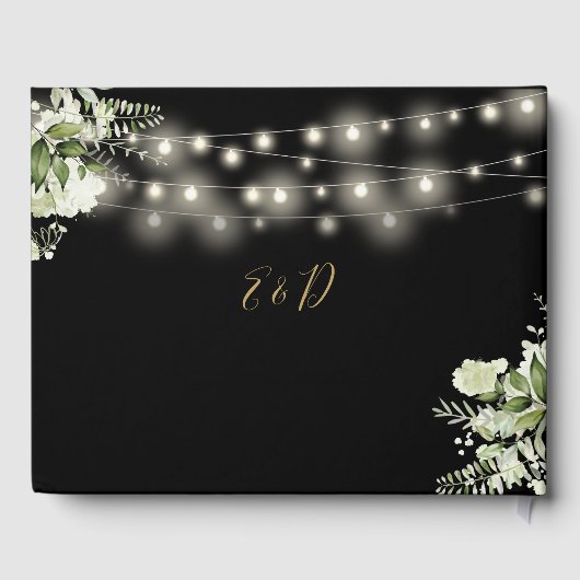 Zwart en goud Greenery String Lights bruiloft Gastenboek (Achterkant)