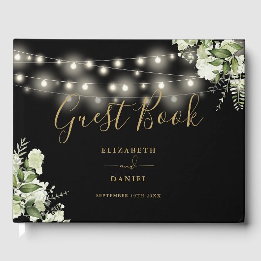 Zwart en goud Greenery String Lights bruiloft Gastenboek (Voorkant)