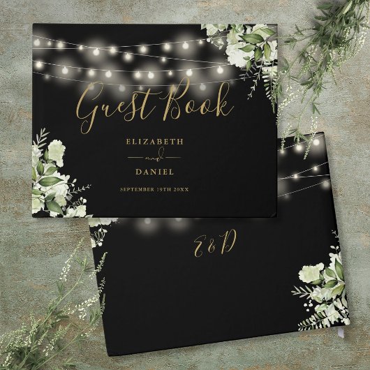 Zwart en goud Greenery String Lights bruiloft Gastenboek