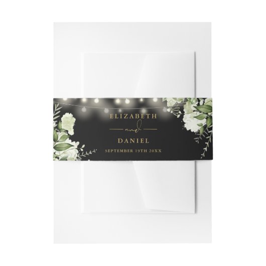 Zwart en goud Greenery String Lights bruiloft Uitnodigingen Wikkel (Voorkant Voorbeeld)