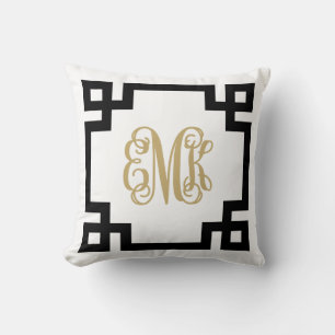 Zwart en Goud Grieks Key Script Monogram Kussen
