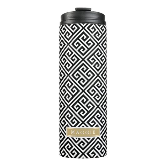 Zwart en Goud Griekse Sleutel Monogram Thermosbeker (Voorkant)
