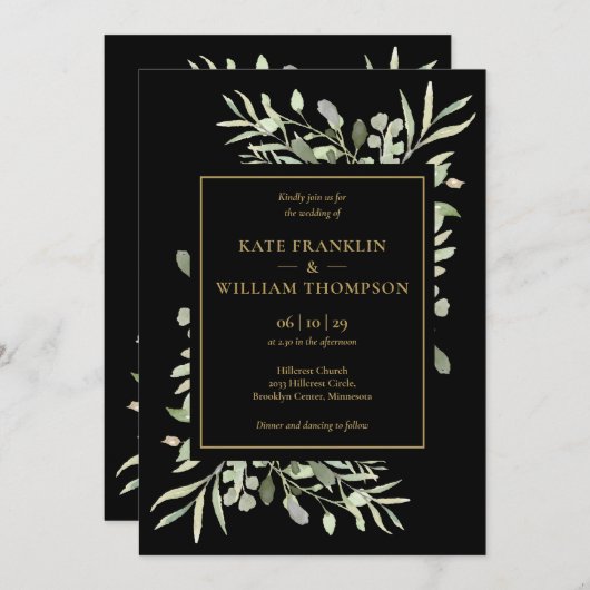 Zwart en goud groen alles in één QR code bruiloft Kaart (Voorkant / Achterkant)