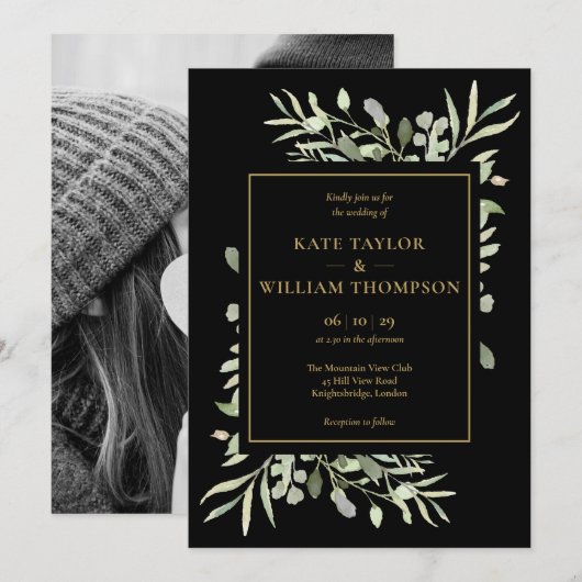 Zwart en goud groen blad foto bruiloft kaart (Voorkant / Achterkant)