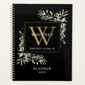 Zwart en goud groen blad monogram naam 2023 planner (Voorkant)